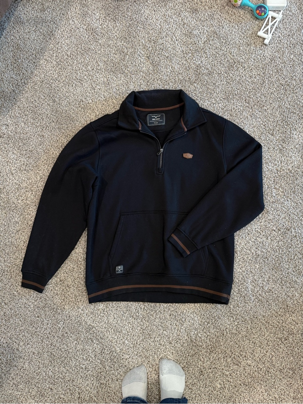 Men's Black Zip-Neck Pullover with Brown Trim
